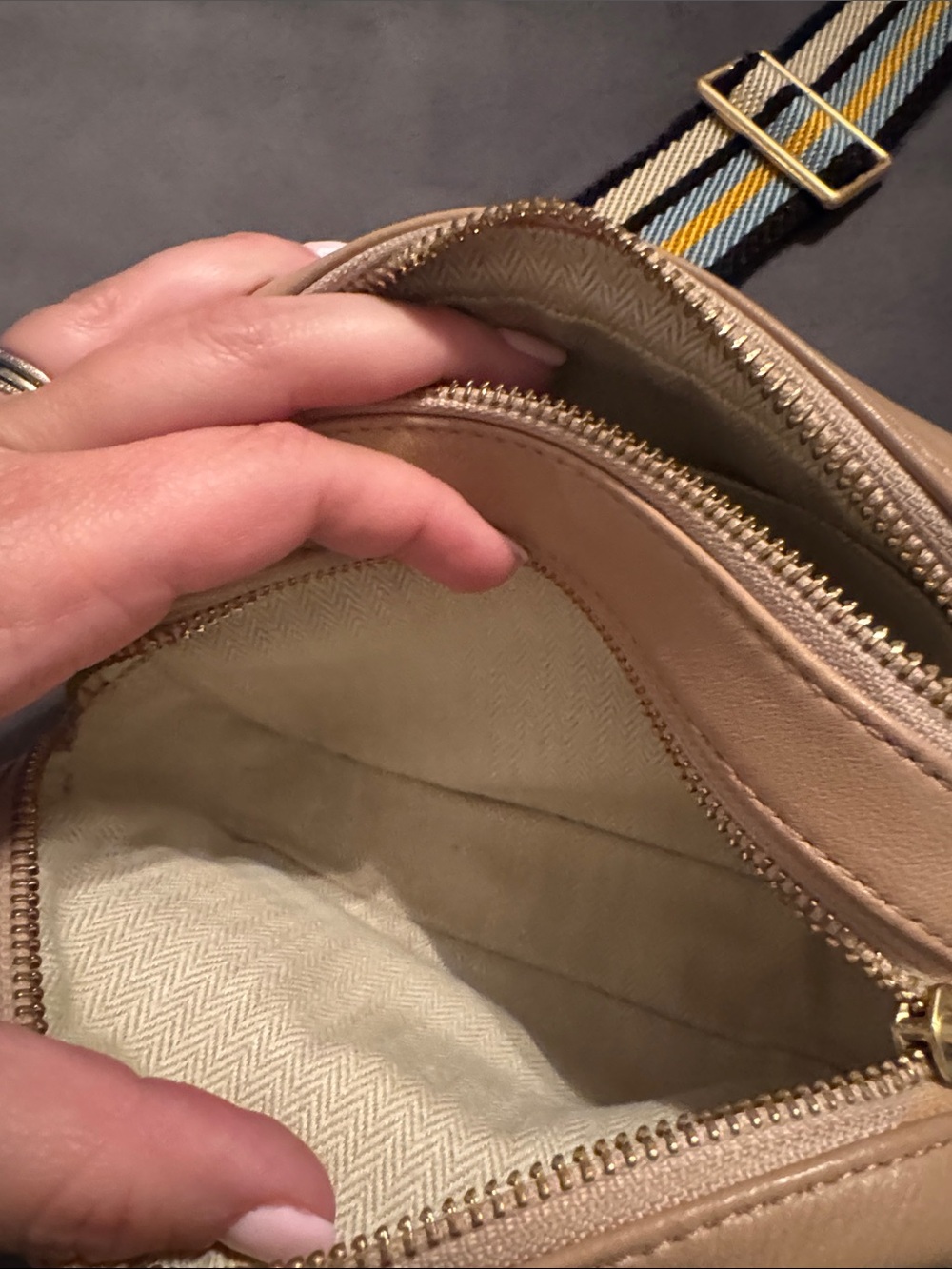 Tory Burch Beige Leather Belt Bag with Striped Strap - Picture 4 of 9